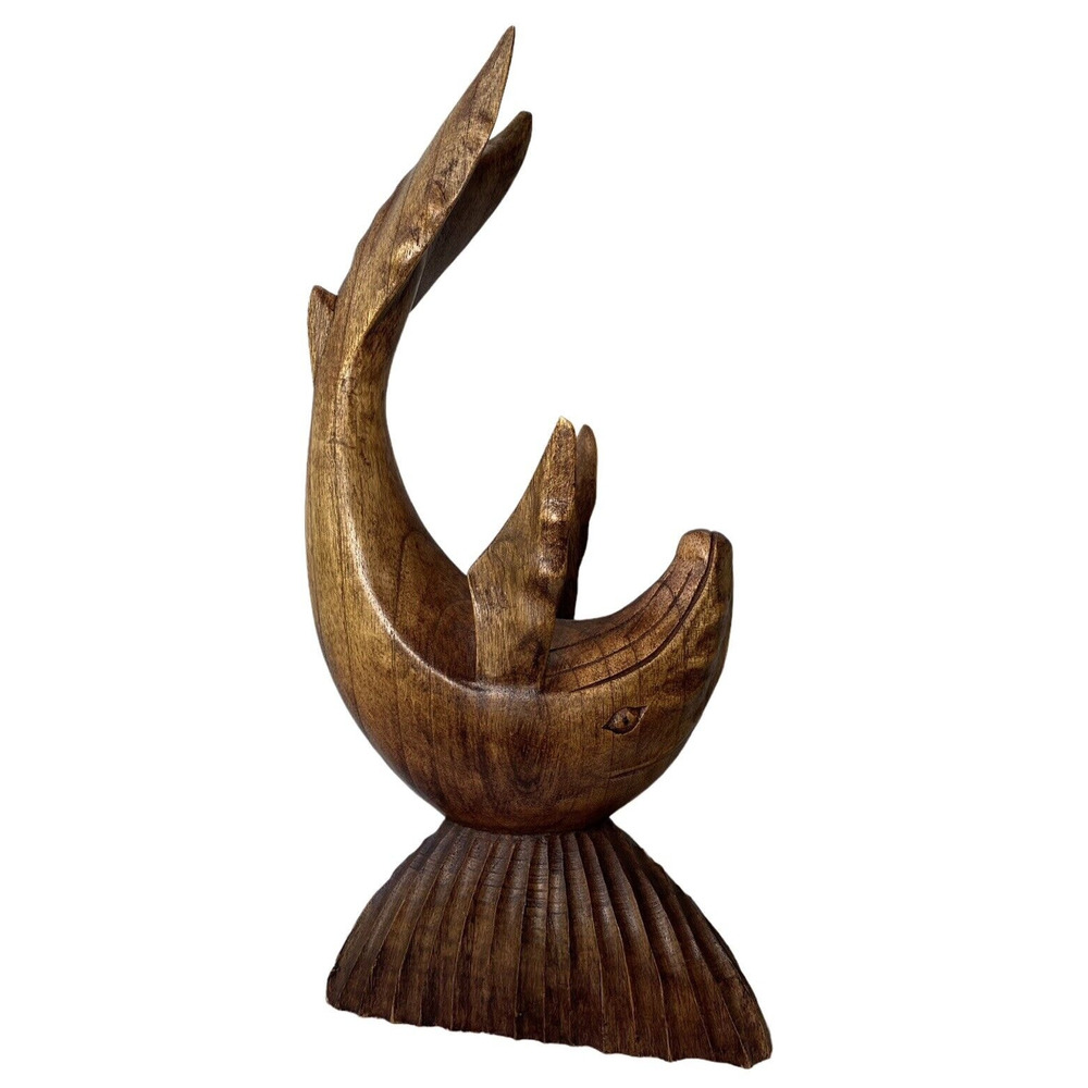 Vintage 90s Hand Carved 16" Wooden Dolphin Sculpture Rustic Decor Figurine